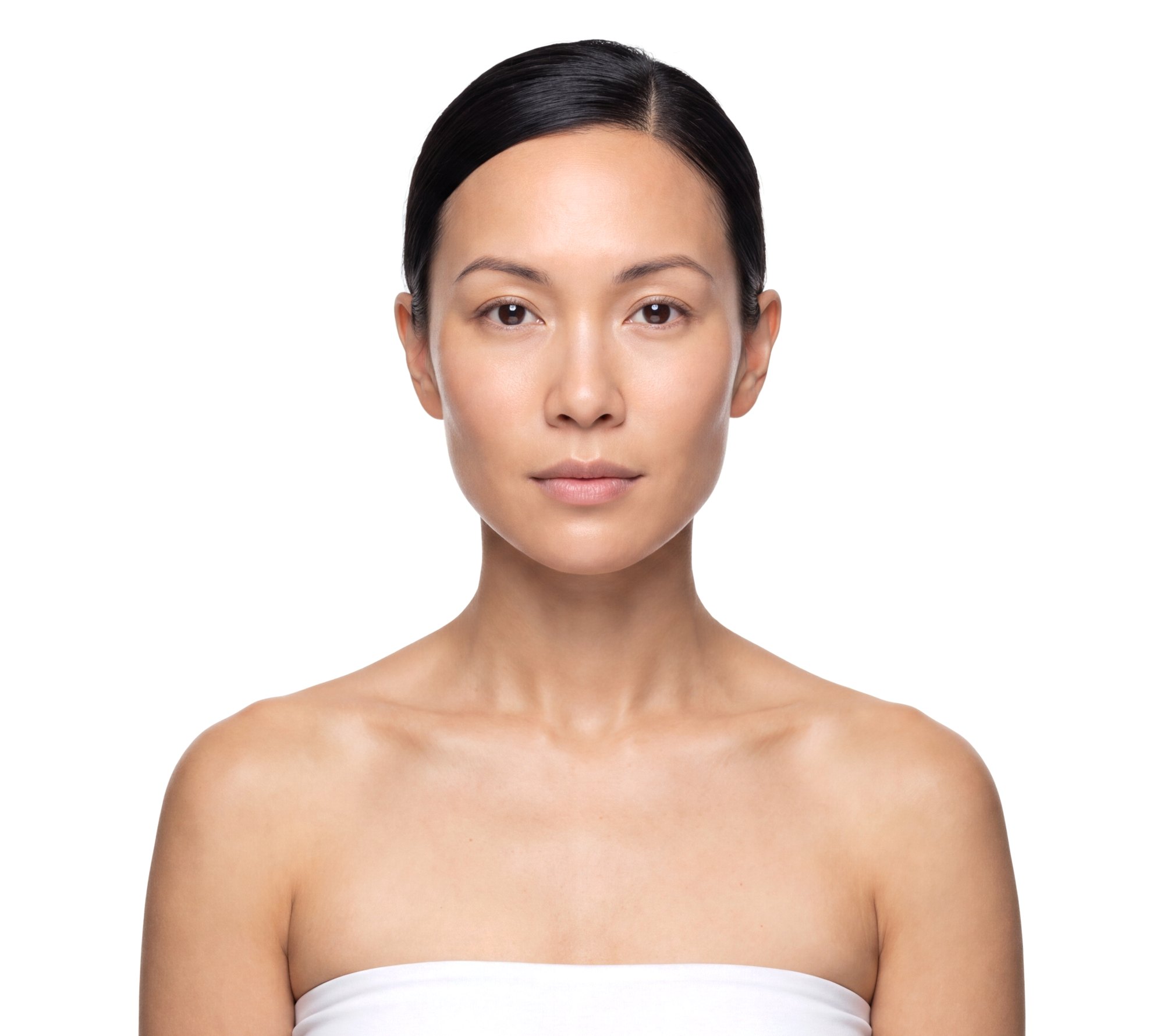 A person facing the camera in a white studio, a fine scan mesh traced over the face